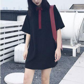 Elbow-sleeve Contrast Collar Mini Polo Shirt Dress