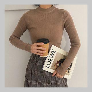 Ribbed Plain Long-sleeve Knit Top