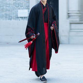 Hanfu Set: Embroidered Long-sleeve Top + Maxi A-line Skirt