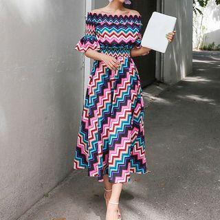 Chevron Off-shoulder Midi Sundress