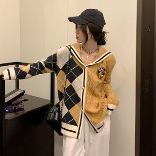 Sailor Collar Argyle Cardigan Khaki - One Size