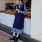 Knit Sleeveless Sweater / Plain Long-sleeve Shirt Dress