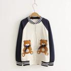 Bow Accent Bear Embroidered Baseball Jacket