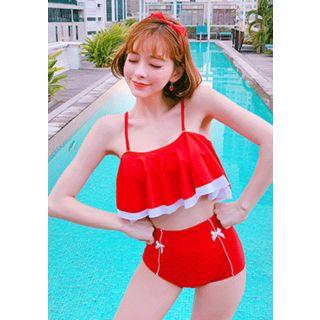 Ruffled Beribboned Bikini Set Red - One Size
