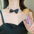 Bow Fabric Faux Pearl Choker 1pc - Black & White & Gold - One Size