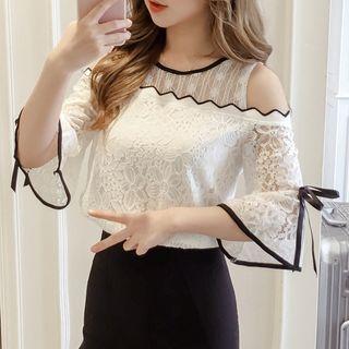 Mesh Panel Open Shoulder Elbow-sleeve Lace Top