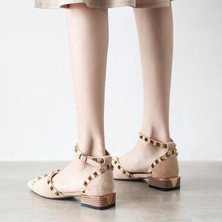 Suede Studded Ankle Strap Dorsay Low-heel Pumps