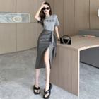 Short-sleeve Lettering T-shirt / Tie-waist Slit Midi Skirt