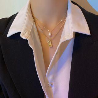 Set Of 2: Faux Pearl Necklace + Alloy Necklace Set Of 2 - Faux Pearl Necklace & Alloy Necklace - Gold - One Size