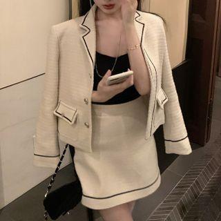 Contrast Trim Lapel Pocket-detail Blazer / High-waist A-line Mini Skirt