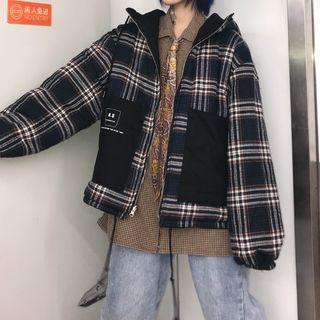 Reversible Plaid Hooded Padded Zip Jacket