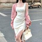 Long Cardigan / Sleeveless Asymmetrical Knit Bodycon Dress