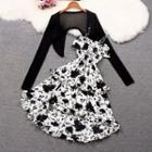 Set: Spaghetti Strap Floral Print A-line Dress + Crop Cardigan Set - Black & White - One Size