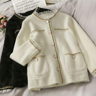 Patchwork Glitter Mesh-trim Furry-knit Jacket
