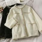 Patchwork Glitter Mesh-trim Furry-knit Jacket