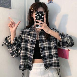 Plaid Drawstring-hem Cropped Shirt