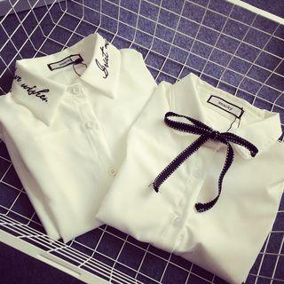 Letter Embroidered / Tie Neck Shirt