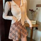 Button-up Knit Top / Plaid Mini Skirt
