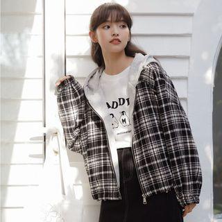 Plaid Hooded Zip Jacket Plaid - Black & White - One Size