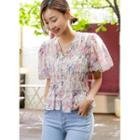 Shirred Floral Eyelet-lace Blouse Pink - One Size
