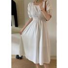 Puff-sleeve Square-neck Plain Ruched Dress White - One Size