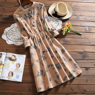 Long-sleeve Corduroy Floral A-line Dress