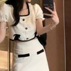 Puff-sleeve Square Neck Top / Mini A-line Skirt