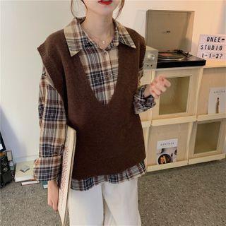 V-neck Plain Knit Vest Coffee - One Size
