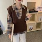 V-neck Plain Knit Vest Coffee - One Size