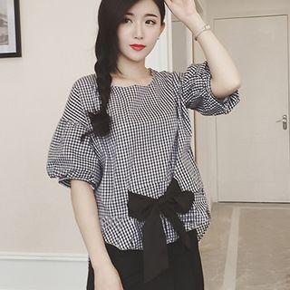 Puff-sleeve Plaid Tie-waist Top