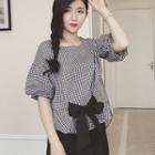 Puff-sleeve Plaid Tie-waist Top