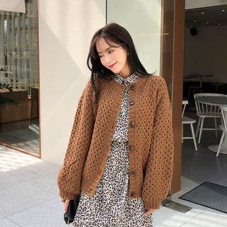 Round-neck Waffle-knit Cardigan
