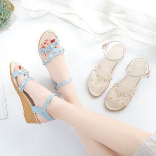 Ankle Strap Faux Pearl Wedge Sandals