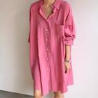 Pocket-front Long-sleeve Long Shirt Pink - One Size