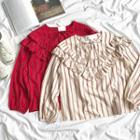 Striped Ruffle Puff-sleeve Loose-fit Blouse
