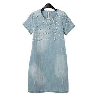 Short-sleeve Beaded Denim Midi Dress