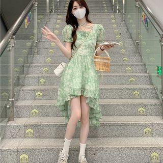 Puff-sleeve Floral High Low A-line Dress