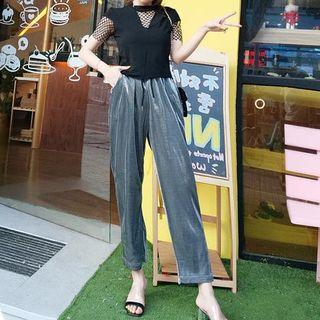 Set: Short-sleeve Mesh Panel Top + Cropped Harem Pants