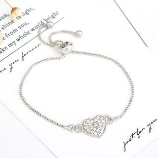 Rhinestone Heart Bracelet Silver - One Size