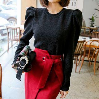 Crew-neck Puff-shoulder Glitter Top