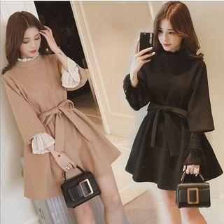 Set: Bell-sleeve Lace Top + Long-sleeve Mini A-line Dress