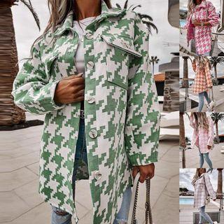Long Sleeve Houndstooth Print Oversized Coat