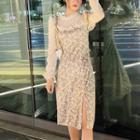 Long-sleeve Flower Print Sheath Dress Print - White & Khaki - One Size