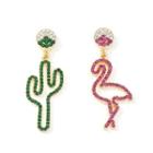 Non-matching Rhinestone Flamingo Cactus Dangle Earring 1 Pair - As Shown In Figure - One Size