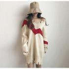 V-neck Color-block Long Knitted Dress