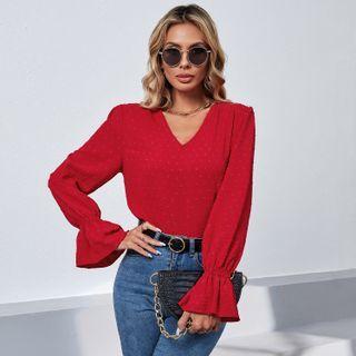 Long-sleeve V-neck Plain Loose-fit Top