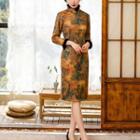3/4-sleeve Fluffy Trim Print Sheath Qipao Dress