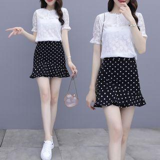 Set: Short-sleeve Lace Top + Dotted Dress