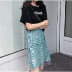 Cut-out Back Short-sleeve T-shirt / Plaid Pvc-panel Mini Skirt