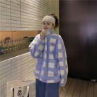 Plaid Fluffy Zipped Jacket Purple - One Size